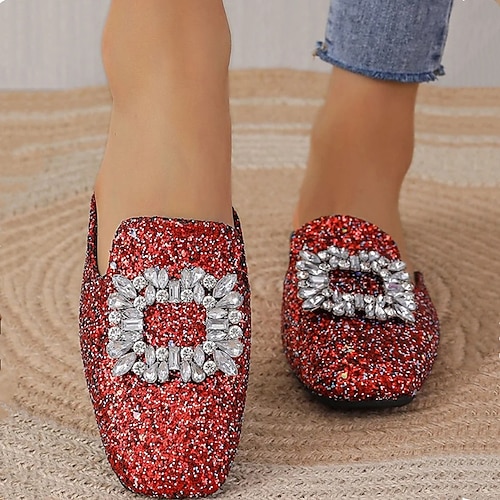 

Damen Hausschuhe Slippers Mules Übergrössen Hausschuhe im Freien Outdoor Strand Sommer Strass Niedriger Absatz Quadratischer Zeh Elegant Brautkleider schlicht PU Halbschuhe Rote