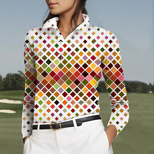 

Damen poloshirt Golfhemd Geknöpftes Poloshirt Atmungsaktiv Schnelltrocknend Feuchtigkeitsableitung Langarm Golfbekleidung Golfkleidung Regular Fit Geometrie Frühling Herbst Tennis Golfspiel Pickleball