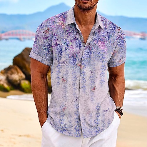 

Hombre Camisa camisa de lino Floral Estampados Cuello Vuelto Rosa Morado Verde Trébol Exterior Calle Mangas cortas Estampado Ropa Lino Moda Design Casual Suave