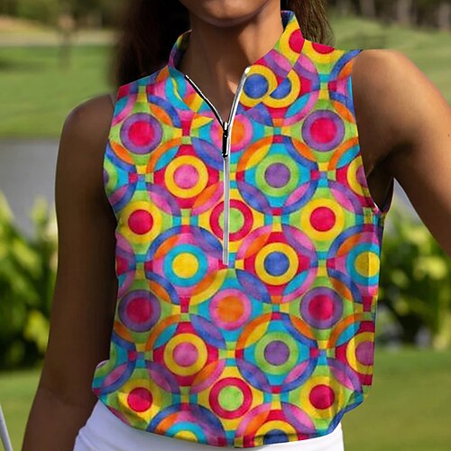 

Women's Polo Shirt Golf Shirt Breathable Quick Dry Moisture Wicking Sleeveless Golf Apparel Golf Clothes Regular Fit Zipper Stand Collar Geometry Summer Tennis Golf Pickleball