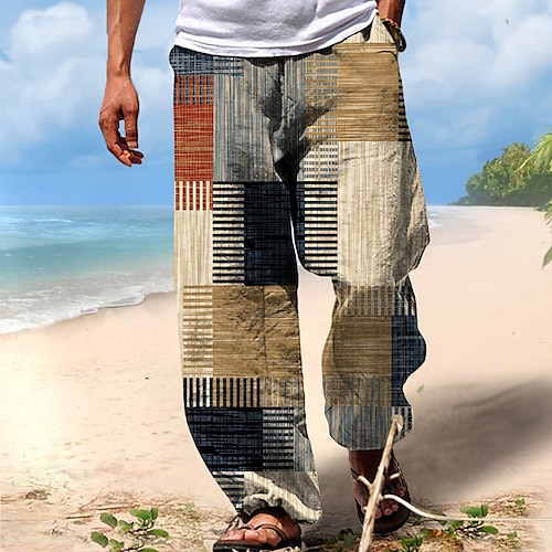 

Men's Trousers Summer Pants Beach Pants Drawstring Elastic Waist 3D Print Stripe Graphic Prints Geometry Comfort Casual Daily Holiday Streetwear Hawaiian Yellow Blue
