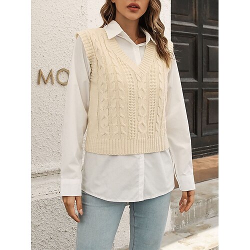 

Mujer Chaleco suéter Puente Cable Tejer De Gran Tamaño Color puro Escote en Pico Sensual Casual Diario Festivos Verano Otoño Negro Beige S M L