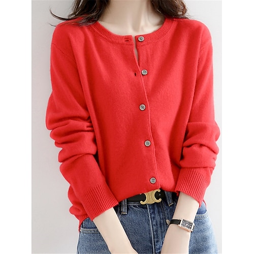 

Women's Cardigan Sweater Jumper Ribbed Knit Button Solid Color Crew Neck Stylish Casual Outdoor Daily Autumn Winter Wine Red Big red S M L