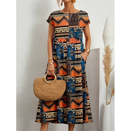 Femmes Noir Jaune Été Printemps Robe Midi Robes inspirées du lin Robe Décontractée Mode Style Ethnique Occasionnel Extérieur Vacances Quotidien Coupe Ample Géométrique Fleur Col ras du cou