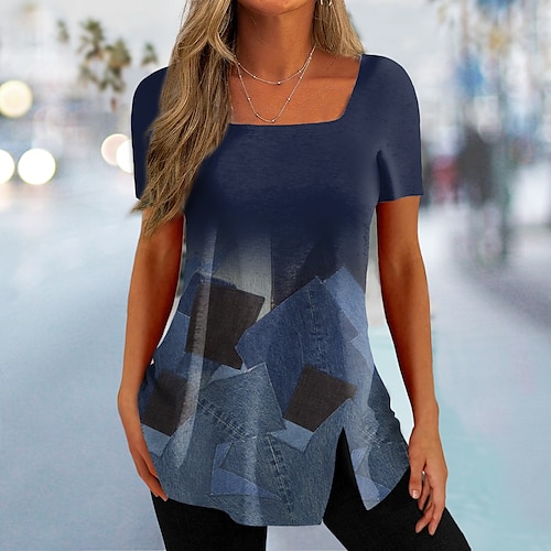 

T shirt Tee Femme Rose Claire Bleu Violet Géométrique Imprimer Manche Courte du quotidien Fin de semaine basique Col Carré Normal Standard Géométrique Peinture S