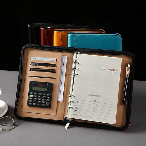 

A6/A5 Zíper multifuncional organizador de negócios notebook diário de trabalho livro de registro de reunião de negócios com calculadora