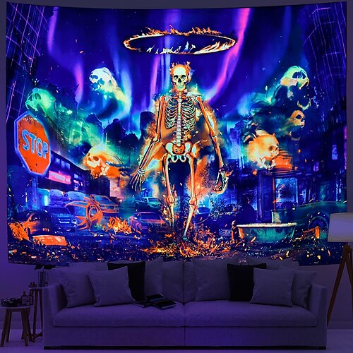 

Halloween Skeleton Blacklight Tapestry UV Reactive Ghost Fantasy Cityscape Trippy Hanging Tapestry Wall Art Mural for Living Room Bedroom