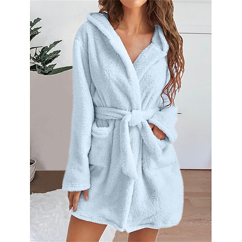 

Women's Fleece Coral Robe Fluffy Fuzzy Bathrobe Pajama Robes Gown Pure Color Casual Comfort Soft Home Daily Bed Coral Velvet Warm Hoodie Long Sleeve Pocket Fall Winter Black White