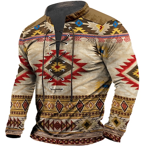 

Christmas Mens Graphic Shirt Tribal Prints Designer Ethnic Style Casual Henley Tee Outdoor Daily Wear Vacation Yellow Blue Purple Long Sleeve Native American Cotton