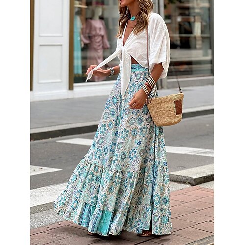 

Damen Rock Schaukel Langer Rock Maxi Polyester Rosa Blau Grün Röcke Sommer Rüsche Bedruckt Modisch Brautkleider schlicht Sommer Täglich Urlaub S M L