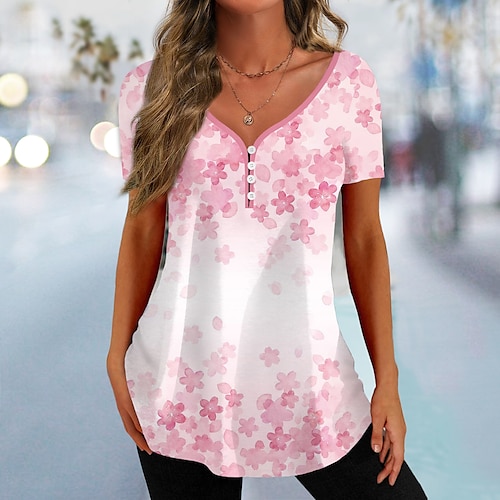 

Damen T Shirt Rosa Blau Purpur Blumen Taste Bedruckt Kurzarm Festtage Wochenende Basic V Ausschnitt Standard Blume Farbe S