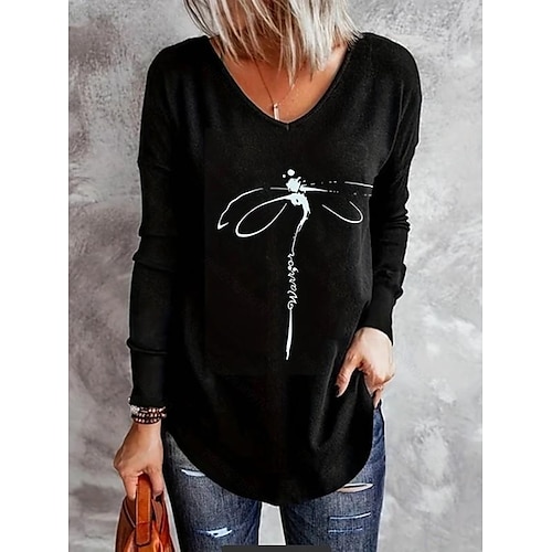 

T shirt Tee Femme Noir Animal Imprimer manche longue du quotidien Fin de semaine basique Col V Normal Standard Peinture S