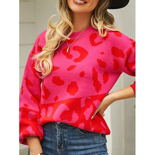 

Women's Pullover Sweater Jumper Jumper Ribbed Knit Print Leopard Crew Neck Stylish Casual Daily Going out Summer Fall Red Orange S M L