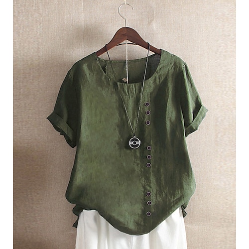  Camicia da donna patchwork casual quotidiana weekend a tinta unita casual in lino a maniche corte colletto rotondo bianca estate primavera