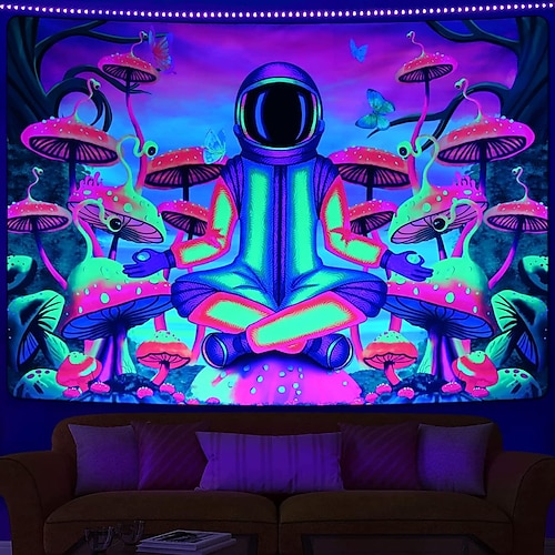 

astronauta borboleta luz negra tapeçaria uv reativo cogumelo enevoado natureza paisagem tapeçaria pendurada parede arte mural para sala de estar quarto plantas floresta