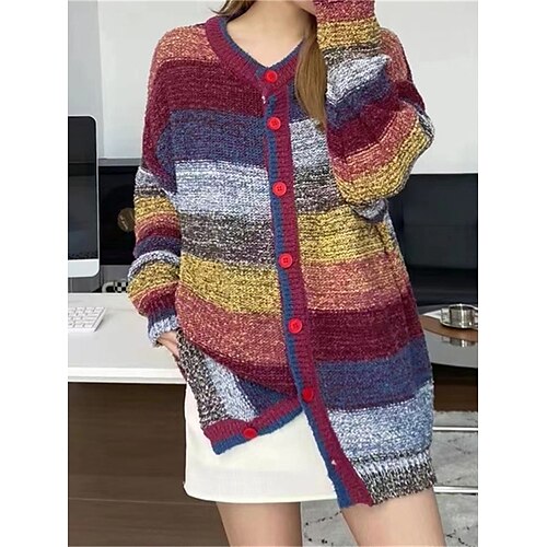 

Mulheres Sueter Cardigan Saltador Crochê Tricotar Patchwork Botão Bloco de cor Decote V à moda Casual Ao ar livre Diário Primavera Outono Azul Tamanho Único