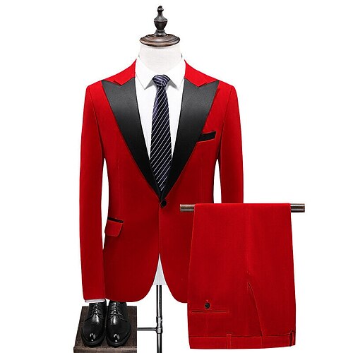 

Red Men's Wedding Suits 2 Piece Solid Colored Tailored Fit Single Breasted One-button 2023