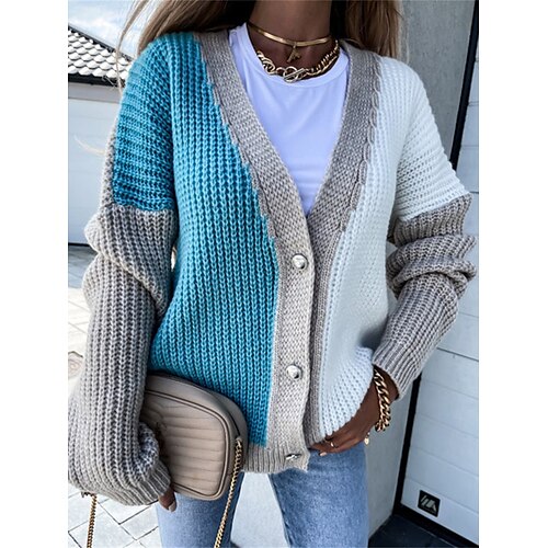 

Mulheres Sueter Cardigan Saltador Estriado Tricotar Patchwork Botão Bloco de cor Decote V à moda Casual Ao ar livre Diário Primavera Outono Preto Rosa S M L