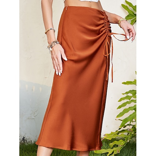 

Femme Jupe Moulante Midi Polyester Bleu de paon Noir Orange Jupes Eté Cordon Mode Décontractées Plein Air du quotidien S M L