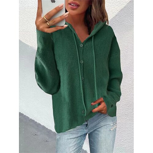 

Damen Strickjacke Strickwaren Gerippt Stricken Taste Mit Kapuze Feste Farbe Mit Kapuze Stilvoll Brautkleider schlicht Outdoor Täglich Frühling Herbst Schwarz Blau Grün S