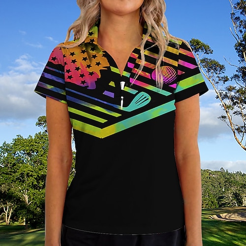 

Mulheres Camisa polo de caminhada Camisa de golfe Respirável Secagem Rápida Pavio Humido Manga Curta Vestuário de golfe Roupas de golfe Normal Em V Bandeira Estampado Verão Tênis Golfe Pickleball