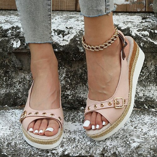 

Damen Sandalen Sandalen mit Keilabsatz Espadrilles Übergrössen Täglich Strand Sommer Keilabsatz Offene Spitze Vintage Brautkleider schlicht Komfort Leinwand PU Knöchelriemen Feste Farbe Schwarz Rosa