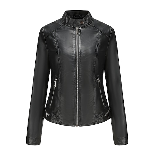 

Mujer Chaqueta de cuero sintético Chaqueta casual Trabajo Calle Casual Primavera Otoño Regular Abrigo Ajuste regular Mantiene abrigado Elegante Chaquetas Manga Larga Plano Con bolsillos Negro Vino