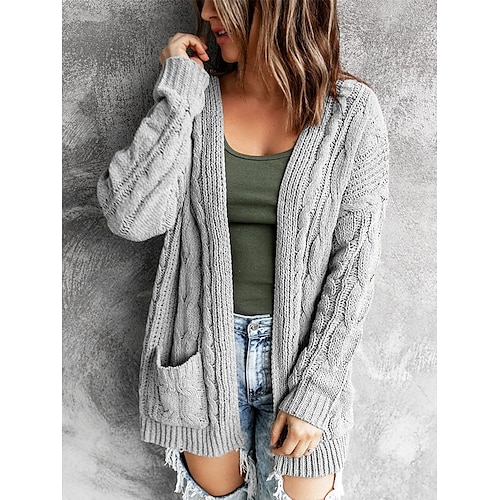 

Women's Cardigan Sweater Jumper Cable Knit Pocket Solid Color Open Front Stylish Casual Outdoor Daily Spring Fall Black Pink S M L