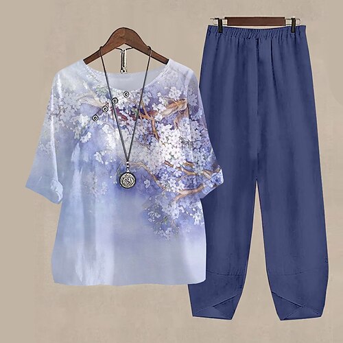 

Women's Shirt Pants Sets Pants Trousers Basic Red Blue Holiday Weekend Floral Print Round Neck S M L XL 2XL