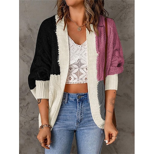 

Mulheres Sueter Cardigan Saltador Estriado Tricotar Patchwork Bloco de cor Gola Boba à moda Casual Ao ar livre Casa Verão Outono Preto Vinho S M L