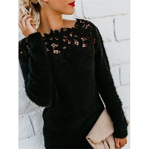 

Women's Pullover Sweater Jumper Jumper Crochet Knit Hole Solid Color Crew Neck Stylish Casual Outdoor Daily Fall Winter Black Pink S M L