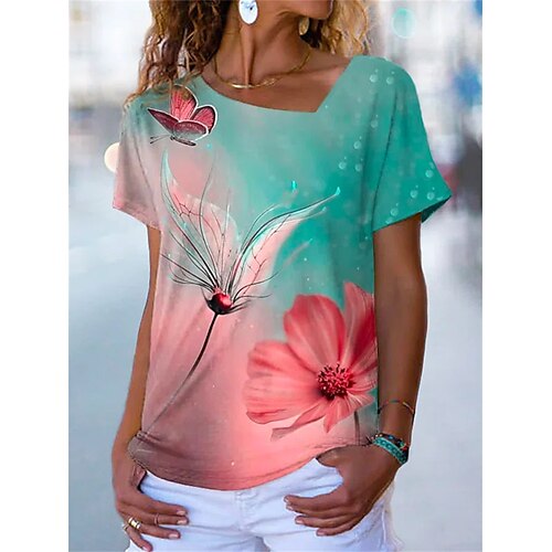 

Mulheres Camiseta Verde Floral Borboleta Imprimir Manga Curta Feriado Final de semana Básico Decote V Padrão Tema Flores Borboleta Pintura S