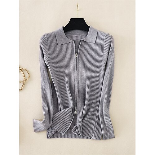 

Women's Cardigan Sweater Jumper Ribbed Knit Zipper Solid Color Shirt Collar Stylish Casual Daily Going out Summer Spring Black White One-Size