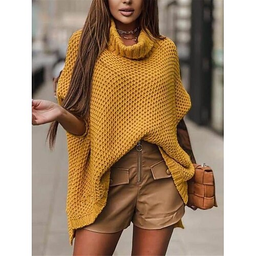 

Pull Maille Femme A côtes Tricoter Troué Couleur unie Col Roulé mode Décontractées du quotidien Sortie Manche Chauve-souris Manches 3/4 Eté Automne Jaune Gris S M L