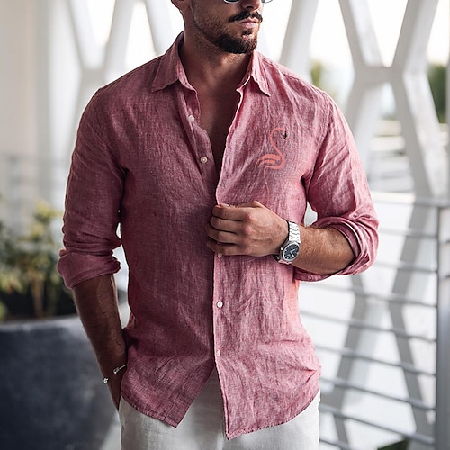 

Hombre Camisa camisa de lino Flamenco Estampados Cuello Vuelto Rosa Azul Piscina Verde Trébol Caqui Azul claro Exterior Calle Manga Larga Estampado Ropa Lino Moda Ropa de calle Design Casual