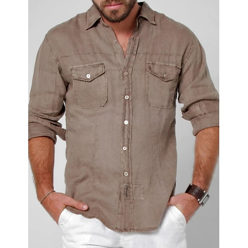 

Homens camisa de linho camisa de verão camisa de praia Preto Azul cáqui Manga Longa Tecido Lapela Primavera Verão Havaiana Feriado Roupa Básico