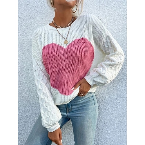 

Mujer Suéter de punto Puente Estriado Tejer Estampado Corazón Cuello Barco Elegante Casual Exterior Diario Verano Otoño Blanco S M L