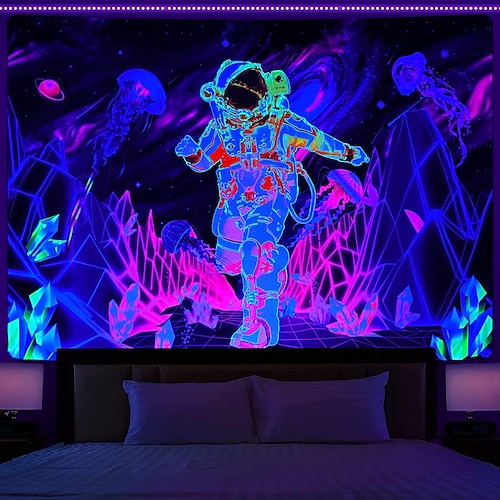 

Trippy Astronaut Space Blacklight Tapestry UV Reactive Misty Mushroom Nature Landscape Hanging Tapestry Wall Art Mural for Living Room Bedroom