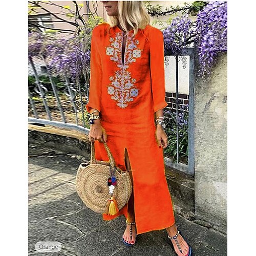 

Robe casual Robe en coton et lin Femme Robe longue maxi Mélange de Coton Mode Style moderne Extérieur du quotidien Vacances Col V Brodée Fendu manche longue Eté Printemps Automne 2023 Ample Orange