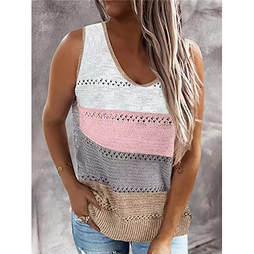 

Women's Sweater Vest Jumper Ribbed Knit Hollow Out Hole Color Block V Neck Stylish Casual Outdoor Daily Summer Fall Pink Wine S M L