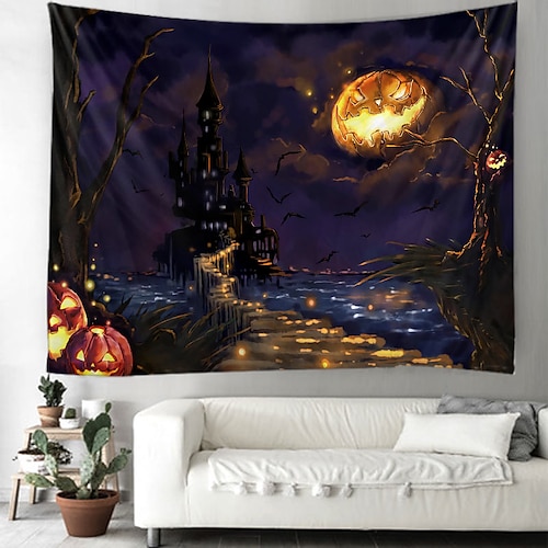 

Halloween Pumpkin Hanging Tapestry Wall Art Large Tapestry Mural Decor Photograph Backdrop Blanket Curtain Home Bedroom Living Room Decoration Skull Moon Trippy