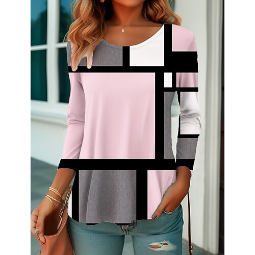 

Women's T shirt Tee Blue Green Gray Geometric Print Long Sleeve Daily Weekend Basic Round Neck Regular Geometric Painting S