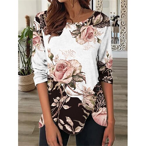 

Mujer Camiseta Blanco Floral Estampado Manga Larga Festivos Fin de semana Básico Escote Redondo Flor Pintura