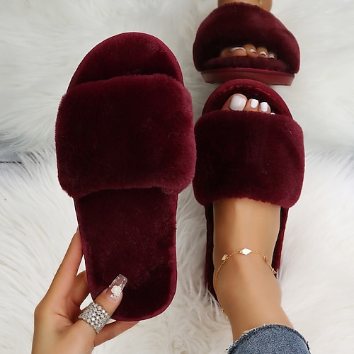 

Women's Slippers Furry Feather Fuzzy Slippers Fluffy Slippers House Slippers Home Daily Winter Flat Heel Open Toe Casual Comfort Minimalism Walking Suede Solid Color Wine Red Black White