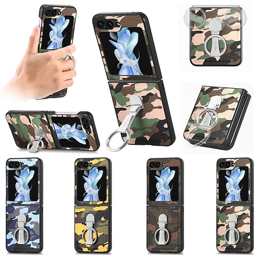 

telefone Capinha Para Samsung Galaxy Z Flip 5 Capa traseira Portátil Impermeável Suporte para Alianças Côr Camuflagem TPU Couro PU