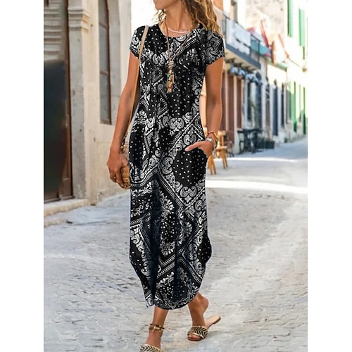 

Women's Shift Dress Summer Dress Print Dress Geometric Color Block Pocket Split Crew Neck Maxi long Dress Vintage Daily Date Short Sleeve Summer Spring