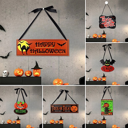 

1 pc sinal de parede de madeira de halloween, placa de placa de placa de padrão de abóbora de morcego de madeira acessórios de decoração de parede, para decoração de halloween decoração de casa