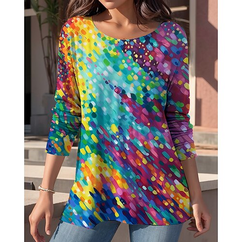 

Damen T Shirt Gelb Blau Purpur Graphic Bedruckt Langarm Täglich Wochenende Basic Rundhalsausschnitt Standard Abstrakt Farbe S