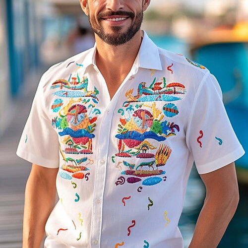 

Hombre Camisa camisa de lino Estampados Playa Cuello Vuelto Blanco Exterior Calle Mangas cortas Estampado Ropa Lino Moda Design Casual Suave