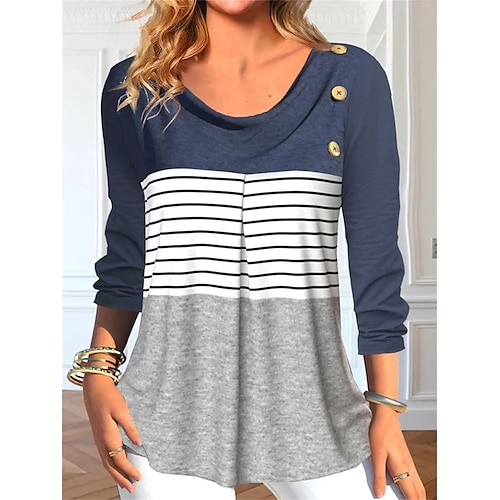 

Women's T shirt Tee Navy Blue Color Block Striped Button Print Long Sleeve Daily Weekend Basic Round Neck Regular Painting S